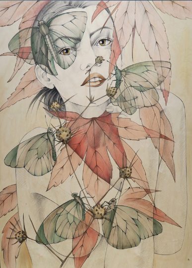 Amandalynn  - Falling, Acrylic and Graphite on Wood Panel